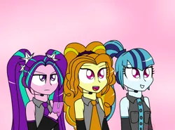 Size: 800x591 | Tagged: safe, artist:ultrard, derpibooru import, adagio dazzle, aria blaze, sonata dusk, equestria girls, rainbow rocks, akita neru, ariatsune miku, colored pupils, crossover, fanloid, frown, hatsune miku, headset, kasane teto, mobile phone, open mouth, phone, pink background, signature, simple background, smiling, the dazzlings, triple baka, utauloid, vocaloid