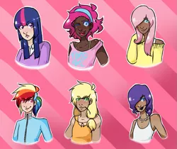 Size: 811x682 | Tagged: safe, artist:kryptoniterogue, derpibooru import, applejack, fluttershy, pinkie pie, rainbow dash, rarity, twilight sparkle, human, alternate hairstyle, clothes, dark skin, diversity, earring, gijinka, hairband, hair over one eye, humanized, lipstick, mane six, necklace, pearl necklace, piercing, tanktop, tracksuit, transgender