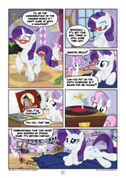 Size: 2894x4093 | Tagged: artist:mister-saugrenu, comic, comic:art block, derpibooru import, marshmelodrama, music, music notes, octavia melody, rarity, record player, safe, sweetie belle