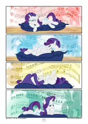 Size: 2894x4093 | Tagged: artist:mister-saugrenu, comic, comic:art block, derpibooru import, music, music notes, pillow, rarity, safe, solo