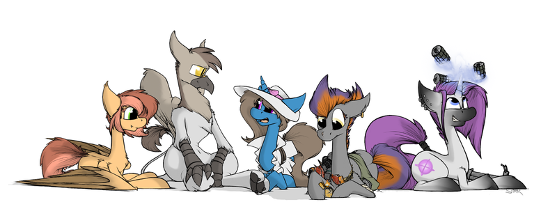 Size: 1924x698 | Tagged: artist:sinrar, derpibooru import, fallout equestria, grenade, group, lighter, magic, oc, oc:amber lighting, oc:ebony orchid, oc:hazelnut, oc:mana bomb, oc:sizzle, piercing, safe, telekinesis, unofficial characters only, weapon