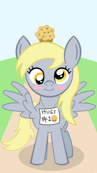 Size: 720x1280 | Tagged: safe, artist:akakun, derpibooru import, derpy hooves, pegasus, pony, blushing, food, looking at you, muffin, solo