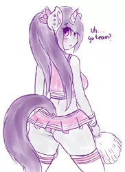 Size: 1280x1762 | Tagged: suggestive, artist:wickedsilly, derpibooru import, oc, oc:wicked silly, unofficial characters only, anthro, unicorn, anthro oc, blushing, cheerleader, clothes, looking back, midriff, miniskirt, pigtails, sexy, skirt, sports bra