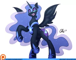 Size: 1024x805 | Tagged: safe, artist:nekocrispy, derpibooru import, nightmare moon, alicorn, pony, fangs, female, helmet, hoof shoes, horseshoes, mare, open mouth, patreon, patreon logo, peytral, raised hoof, rearing, solo