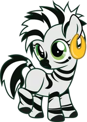 Size: 2975x4147 | Tagged: artist:geekladd, black stripe, blank flank, derpibooru import, earring, fallout equestria, fallout equestria: influx, female, filly, oc, oc:xian, parent:crystal eclair, parents:tootyeclair, parent:tooty fruity, piercing, safe, solo, tootyeclair, unofficial characters only, zebra