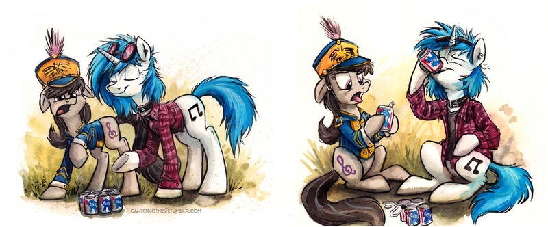 Size: 1412x586 | Tagged: alcohol, artist:kenket, artist:spainfischer, beer, canterlot high, canterlot high blog, derpibooru import, disgusted, drinking, edit, food, hat, octavia melody, pabst blue ribbon, safe, vinyl scratch