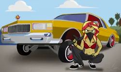 Size: 2275x1347 | Tagged: safe, artist:oinktweetstudios, derpibooru import, sunset shimmer, equestria girls, bandana, belly button, breasts, caprice, car, chevrolet, chevrolet caprice, cleavage, female, gun, lowrider, midriff, shotgun, solo, tattoo, weapon