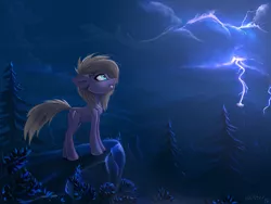 Size: 1400x1050 | Tagged: safe, artist:ramiras, derpibooru import, oc, unofficial characters only, earth pony, pony, chest fluff, cliff, cloud, fir tree, forest, lightning, night, solo, stormcloud, tree