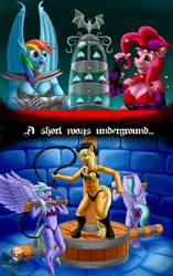 Size: 1176x1868 | Tagged: semi-grimdark, suggestive, artist:quakehoof, derpibooru import, applejack, cloudchaser, flitter, pinkie pie, rainbow dash, anthro, bat pony, unguligrade anthro, vampony, series:elements of nightfall, abs, appledom, armor, ass, bat wings, blushing, bondage, boots, breasts, busty applejack, busty cloudchaser, busty pinkie pie, busty rainbow dash, chains, clothes, cupcake, dungeon, fangs, female, females only, food, gauntlet, hat, hoof boots, humiliation, jester, jester outfit, jester pie, muscles, simple background, simpsons did it, slave, stocks, the simpsons, underwear, wheel, whip, whipping, wingboner