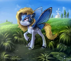 Size: 965x827 | Tagged: safe, artist:ramiras, derpibooru import, oc, oc:blue peleide, unofficial characters only, butterfly pony, pony, butterfly wings, chest fluff, solo, windmill