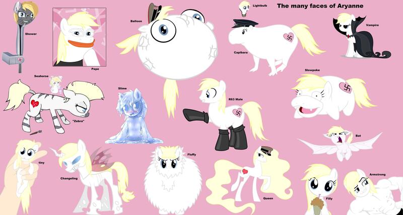 Size: 3686x1972 | Tagged: safe, artist:accu, artist:anonymous, artist:coinpo, artist:gsuus, artist:randy, derpibooru import, oc, oc:aryanne, unofficial characters only, anthro, bat pony, changeling, earth pony, human, pixie, seahorse, vampire, zebra, animal, aryan pony, balloon, bodybuilder, boots, cape, capybara, clothes, compilation, costume, female, filly, hand, hat, heart, lightbulb, misspelling, muscles, nazi, pepe the frog, princess, princess pony, race swap, rule 63, show accurate, shower, slime, slowpoke, species swap, swastika, vector