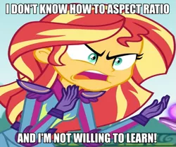 Size: 605x504 | Tagged: safe, derpibooru import, edit, edited screencap, screencap, sunset shimmer, equestria girls, friendship games, angry, backwards hand, caption, image macro, meme, solo, sunset is not willing to learn, wrong aspect ratio