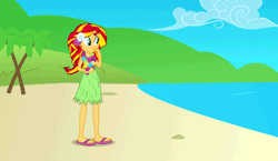 Size: 600x347 | Tagged: safe, artist:mohawgo, derpibooru import, sunset shimmer, equestria girls, animated, beach, clothes, feet, flower, flower in hair, grass skirt, hawaiian flower in hair, hula, hulashimmer, lei, sandals, skirt, solo