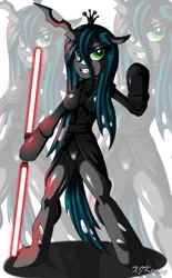 Size: 600x968 | Tagged: anthro, arm hooves, artist:xjkenny, clothes, crossover, derpibooru import, double lightsaber, hoof hold, lightsaber, queen chrysalis, robe, safe, sith, solo, star wars, unguligrade anthro, weapon, zoom layer