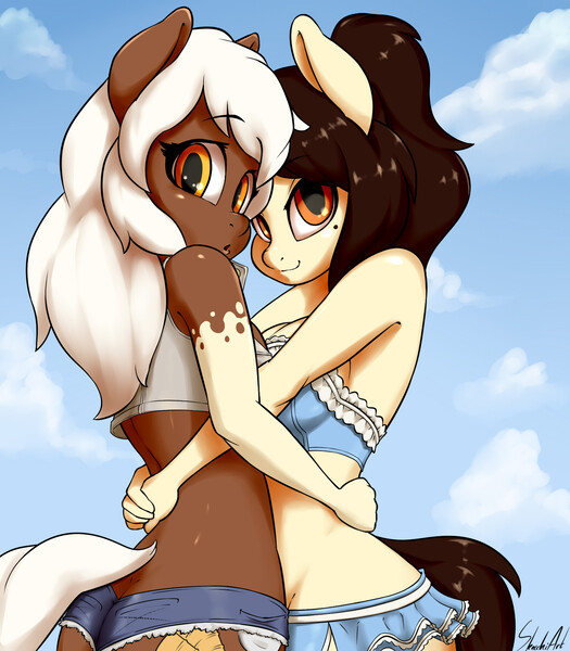 Size: 1400x1600 | Tagged: suggestive, artist:skecchiart, derpibooru import, oc, oc:colette laitier, oc:sundae, unofficial characters only, anthro, earth pony, beauty mark, breasts, cleavage, clothes, female, hug, lesbian, looking at you, miniskirt, oc x oc, revealing clothing, shipping, shorts, skirt, wide hips