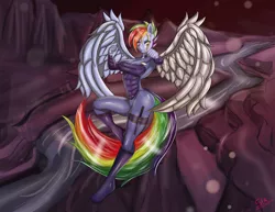 Size: 5700x4400 | Tagged: absurd resolution, alternate timeline, anthro, apocalypse dash, artist:sixpathsoffriendship, big breasts, breasts, busty rainbow dash, crystal war timeline, derpibooru import, female, flying, rainbow dash, solo, solo female, suggestive, the cutie re-mark