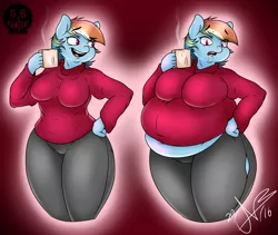 Size: 1900x1600 | Tagged: anthro, artist:frimbobbar, belly, big belly, breast expansion, breasts, busty rainbow dash, chocolate, chubby, clothes, derpibooru import, fat, female, food, growth, hot chocolate, mug, obese, rainblob dash, rainbow dash, solo, solo female, suggestive, sweater, thunder thighs, tight clothing, weight gain, wide hips