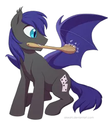 Size: 1064x1236 | Tagged: safe, artist:akeahi, derpibooru import, oc, oc:au hasard, unofficial characters only, bat pony, pony, brush, brushie, brushing, cleaning, fangs, mouth hold, simple background, sitting, slit eyes, solo, transparent background