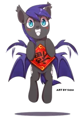 Size: 412x600 | Tagged: safe, artist:sion, derpibooru import, oc, oc:au hasard, unofficial characters only, bat pony, pony, blushing, chinese new year, chinese text, fangs, flying, slit eyes, smiling, solo