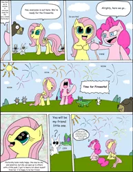 Size: 1024x1325 | Tagged: angel bunny, artist:average-00, comic, comic:opposites, derpibooru import, fireworks, fluttershy, gummy, harry, party cannon, pinkie pie, safe