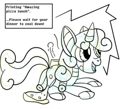 Size: 2000x1750 | Tagged: dead source, safe, derpibooru import, sweetie belle, pony, robot, robot pony, unicorn, female, filly, foal, food, hooves, horn, lying down, open mouth, pizza, printer, printing, prone, quality, simple background, sketch, solo, speech bubble, sweetie bot, text