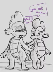 Size: 382x515 | Tagged: artist:post-it, barb, changeling, clone, colored sketch, derpibooru import, dialogue, disguise, disguised changeling, female, male, monochrome, rule 63, selfcest, self ponidox, shipping, simple background, sketch, spike, spikebarb, straight, suggestive