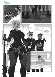 Size: 1200x1697 | Tagged: anthro, anti-materiel rifle, armor, artist:pia-sama, barrett, big breasts, breasts, combat armor, comic, comic:rogue diamond, curvy, derpibooru import, female, gun, headset, hourglass figure, huge breasts, monochrome, mp5, oc, oc:00284, older, older spike, optical sight, rifle, safe, skintight clothes, sniper rifle, spike, submachinegun, tec-9, weapon, wide hips