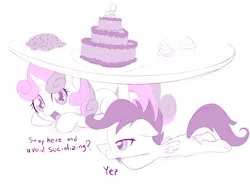 Size: 1000x759 | Tagged: artist:dstears, cake, call of the cutie, cookie, cupcake, derpibooru import, dialogue, duo, food, hiding, limited palette, monochrome, reference, safe, scene interpretation, scootaloo, simple background, sweetie belle, table, white background