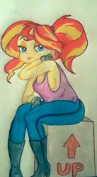 Size: 479x876 | Tagged: safe, artist:gingerthefox, derpibooru import, sunset shimmer, human, box, clothes, humanized, solo, tanktop, traditional art