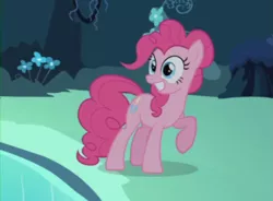 Size: 751x554 | Tagged: safe, derpibooru import, screencap, pinkie pie, earth pony, pony, too many pinkie pies, cave, cave pool, clone, cropped, female, magic mirror pond, mare, mirror pool, pinkie clone, raised hoof, solo