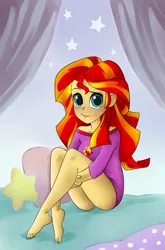 Size: 700x1062 | Tagged: suggestive, artist:yokappa69, derpibooru import, sunset shimmer, equestria girls, barefoot, bottomless, bunset shimmer, clothes, feet, female, looking at you, sexy, solo, solo female, toes