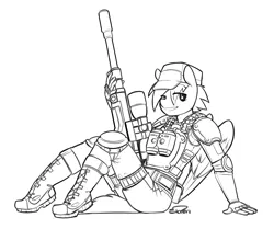 Size: 3241x2703 | Tagged: anthro, artist:siden, binoculars, derpibooru import, fallout equestria: memories, female, gun, looking at you, monochrome, oc, oc:frosty winds, pegasus, rifle, safe, sniper rifle, solo, unofficial characters only, weapon, x-com