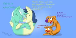 Size: 4728x2384 | Tagged: safe, artist:megaanimationfan, derpibooru import, bon bon, lyra heartstrings, sweetie drops, annoyed, boop, catdog, crossover, eyes closed, fangs, female, floppy ears, frown, fusion, glare, grin, happy, hug, lesbian, lyrabon, lyrabon (fusion), misspelling, nickelodeon, noseboop, shipping, signature, smiling, unamused