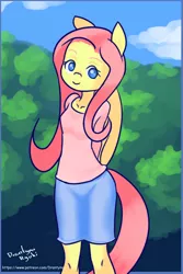 Size: 800x1200 | Tagged: anthro, arm behind back, artist:drantyno, clothes, cute, derpibooru import, female, fluttershy, gijinka, looking at you, no pupils, safe, shirt, shyabetes, signature, skirt, smiling, solo