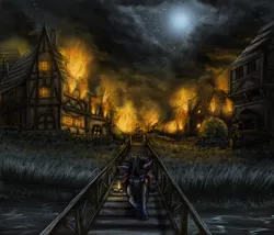 Size: 2843x2431 | Tagged: arson, artist:raedin, bridge, derpibooru import, fire, night, oc, pyromaniac, scenery, semi-grimdark, town, unofficial characters only