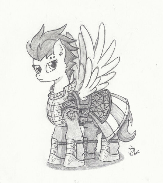 Size: 800x896 | Tagged: safe, artist:sensko, derpibooru import, pegasus, pony, armor, black and white, clothes, grayscale, military, monochrome, pencil drawing, redesign, soldier, solo, traditional art, twilight's royal guard, uniform, wonderbolts