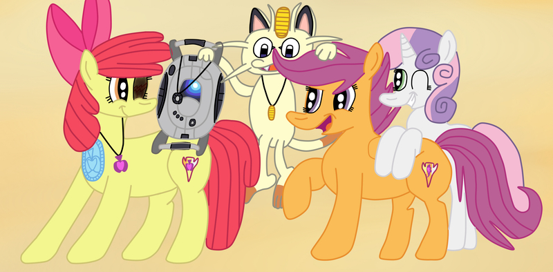 Size: 2600x1280 | Tagged: alternate cutie mark, apple bloom, crossover, cutie mark, cutie mark crusaders, derpibooru import, folded wings, meowth, missing eye, necklace, one eye closed, pokémon, portal 2, portal (valve), safe, scootaloo, sweetie belle, team rocket, the cmc's cutie marks, wheatley