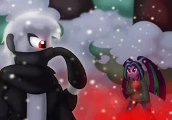 Size: 1253x878 | Tagged: safe, artist:faith-wolff, derpibooru import, aria blaze, fanfic:the bridge, equestria girls, clothes, crossover, duo, equestria girls-ified, female, godzilla (series), kaiju human, male, monster x, red eyes, scarf, snow, x-aria