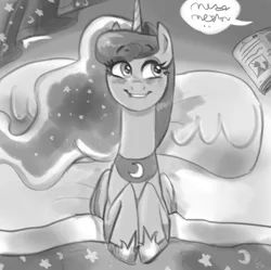 Size: 843x840 | Tagged: safe, artist:ehfa, derpibooru import, princess luna, alicorn, pony, bed, bedtime story, blushing, book, cute, excited, female, grayscale, grin, happy, lip bite, lunabetes, mare, monochrome, offscreen character, on back, reading, semi pov, smiling, solo, speech bubble