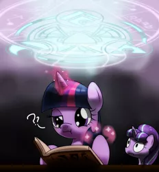 Size: 1040x1120 | Tagged: safe, artist:hoyeechun, derpibooru import, starlight glimmer, twilight sparkle, pony, book, bust, female, glowing horn, horn, magic, magic circle, mare, portrait, question mark, reading, s5 starlight, the elder scrolls