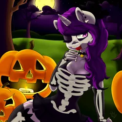 Size: 1280x1280 | Tagged: suggestive, alternate version, artist:wickedsilly, derpibooru import, oc, oc:wicked silly, unofficial characters only, anthro, unicorn, anthro oc, candy, clothes, costume, face paint, female, food, full moon, halloween, jack-o-lantern, lollipop, skeleton costume, solo, solo female