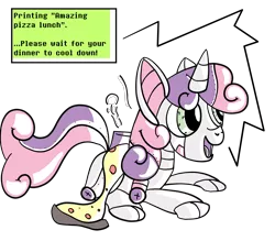 Size: 2000x1750 | Tagged: dead source, safe, derpibooru import, sweetie belle, pony, robot, robot pony, unicorn, female, filly, foal, food, hooves, horn, lying down, open mouth, pizza, pizza printer, printer, printing, quality, shiny, simple background, solo, speech bubble, sweetie bot, text, transparent background