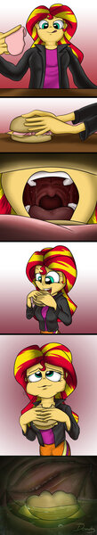 Size: 900x4950 | Tagged: questionable, artist:made-in-donuts, derpibooru import, sunset shimmer, equestria girls, comic, esophagus, fetish, food, gullet, gulp, hungry, inside stomach, internal, licking, licking lips, maw, mawshot, mouth cam, offscreen character, open mouth, pov, sandwich, slimy, solo, squishy, stomach, stomach acid, stomach walls, swallowing, throat bulge, tongue out, unaware, unaware vore, uvula, vore, voreset shimmer