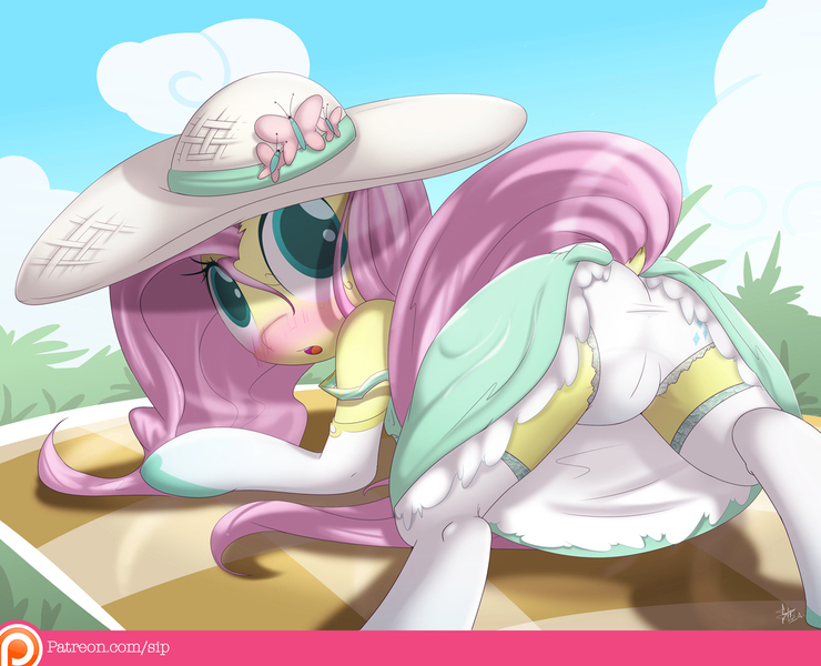 Size: 1224x992 | Tagged: adorasexy, artist:sip, blushing, cameltoe, clothes, cute, cutie mark underwear, derpibooru import, dock, dress, embarrassed, face down ass up, female, fluttershy, frilly underwear, hat, implied flarity, looking at you, panties, patreon, patreon logo, plot, questionable, sexy, skirt, solo, solo female, stockings, underwear, underwear swap, upskirt, white underwear