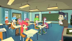 Size: 1263x716 | Tagged: safe, derpibooru import, screencap, apple bloom, bright idea, cherry crash, cranky doodle donkey, heath burns, scootaloo, snails, snips, sweetie belle, velvet sky, equestria girls, friendship games, background human, boots, chalk, chalkboard, classroom, clothes, desk, jeans, looking at something, looking up, pants, school, shirt, shoes, skirt