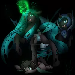 Size: 1600x1600 | Tagged: safe, artist:katiefrog217, derpibooru import, queen chrysalis, oc, oc:quiet step, changeling, changeling queen, crying, female