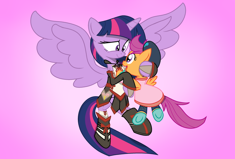 Size: 3100x2100 | Tagged: safe, artist:geraritydevillefort, derpibooru import, scootaloo, twilight sparkle, twilight sparkle (alicorn), alicorn, pony, crossover, female, mare, tales of series, tales of xillia