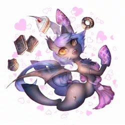 Size: 2000x2000 | Tagged: safe, artist:girlsay, derpibooru import, oc, oc:panne, unofficial characters only, bat pony, pony, apron, bread, cake, chocolate, clothes, cupcake, donut, fangs, food, heart, open mouth, oven mitt, solo, tail bow