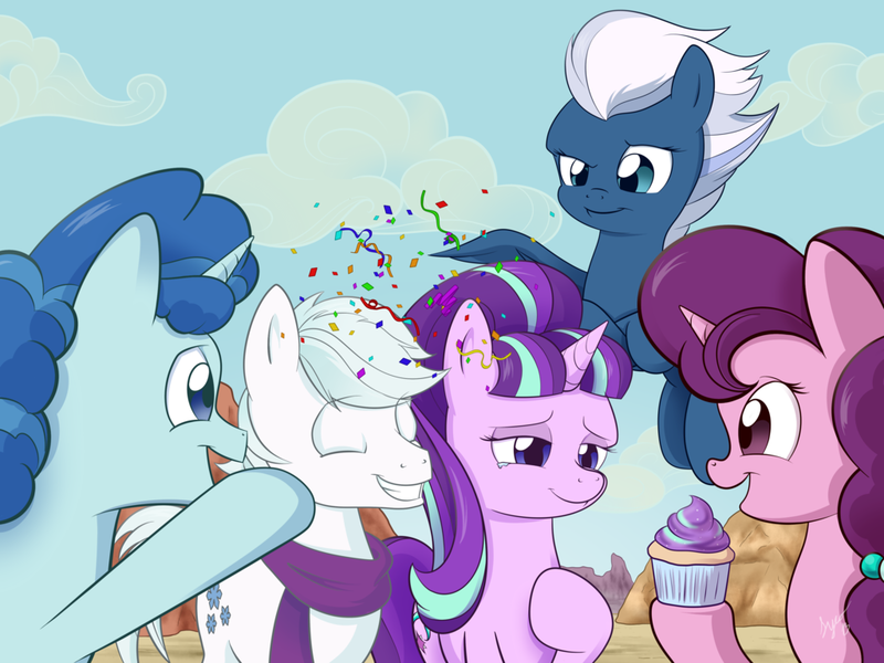 Size: 1024x768 | Tagged: artist:sycotei-b, celebration, confetti, crying, cupcake, derpibooru import, double diamond, equal four, food, friendship, good end, night glider, our town, party favor, safe, second chances, starlight glimmer, sugar belle, tears of joy