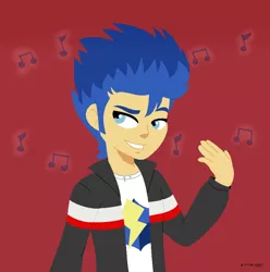 Size: 906x913 | Tagged: safe, artist:a-r-i-a-1997, derpibooru import, flash sentry, a banner day, equestria girls, bedroom eyes, bishonen, clothes, humanized, jacket, love in a flash, male, music notes, scene interpretation, shit eating grin, smiling, solo, stupid sexy flash sentry